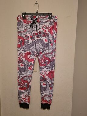 Encrypted  Red & Gray With White Base  Dragon Print Joggers  Drawstring Size S